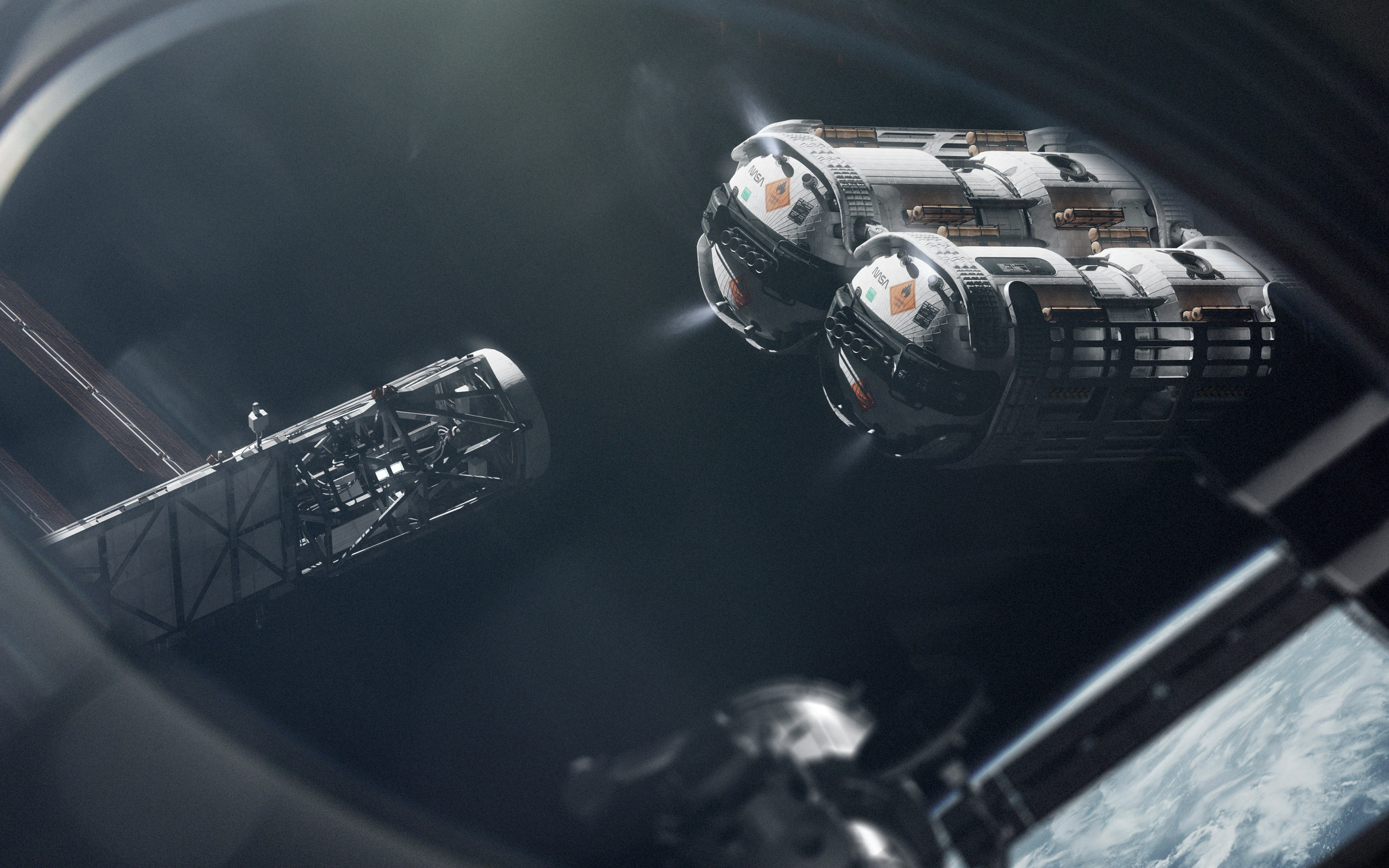 A view from the space station showing hardware being deployed in space, by Vadim Sadovski