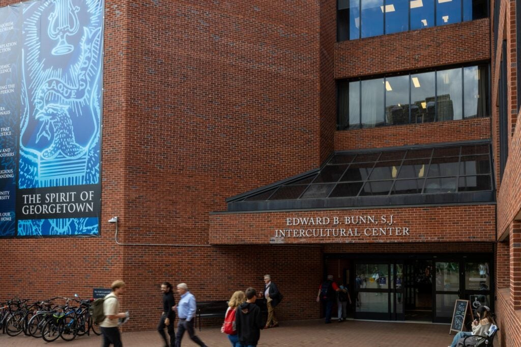 Entrance to the School of Foreign Service, a brick building.